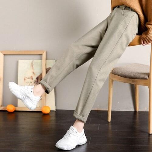 JuneLove Winter Wool Pants Women Korean High Waist Harem Elegant Trousers Vintage Female Warm lady Long Pants Plus Size Bottoms