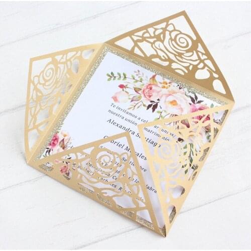 Gold rose laser cut wedding cards personalized printing insert card with glitter liner 50pcs