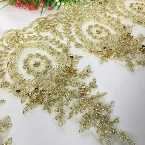 1Y-2Yard/Lot Gold Handmade Bead Sequin Wedding Lace Fabric DIY Mesh Embroidery Lace Trim Dress Clothes Sew Accessories