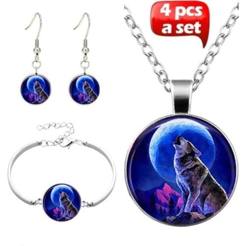 Fashion Witchcraft Moon Night Howling Wolf Glass Round Pendant Necklace Bracelet Earring 4 Piece Set Ladies Jewelry Jewelry