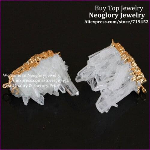5PCS Gold Color Freeform Nature Crystal Quartz Pendant Druzy Drusy Quartz Cluster Pendant Double Buckle fit Necklace Making