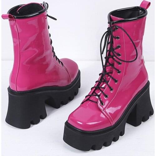 Brand Round Toe Platform Chunky Thick Heel Female Motorcycle Boots Patent PU Lace Up Cool Street Goth Autumn Shoes