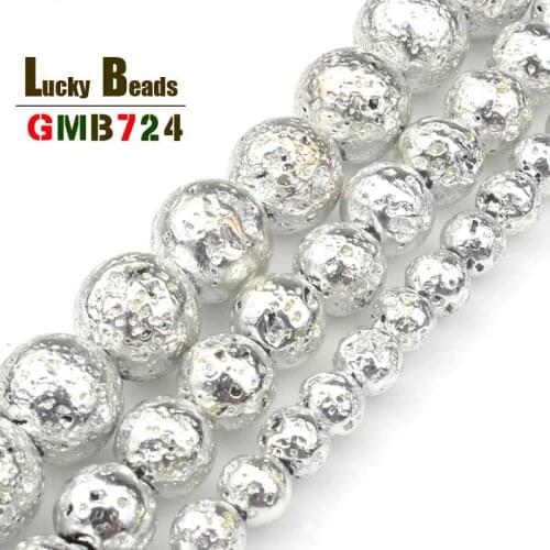 Natural Silver Plated Volcanic Lava Beads Round Stone Beads For Jewelry Making DIY Bracelet Accessories 15'' 4/6/8/10mm