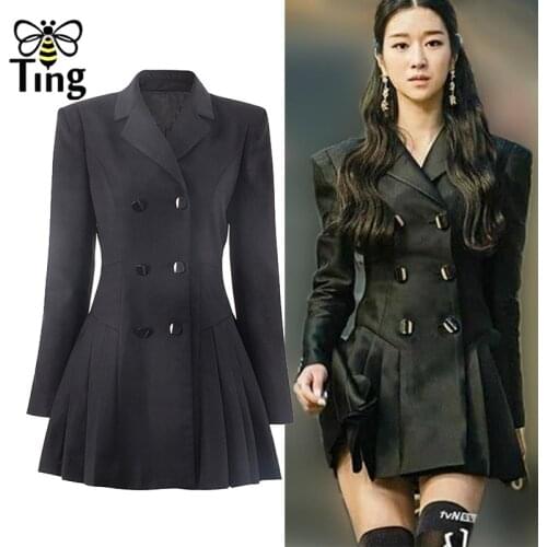 Tingfly Designer Vogue Double Breasted Notched Slim Black Mini Short Dresses Women Winter High Quality Celebrity Chic Dress New