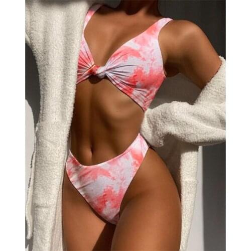 Women 2Pcs Tie-dyed Bikini Set Deep V-neck Tank Bra with Thong Briefs Female Summer Sexy GradientSplit Bikini Swimsuit