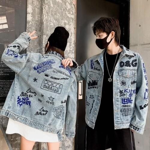 Spring new embroidered cloth stickers letters graffiti embroidered fashion loose couples wearing denim jacket Y748