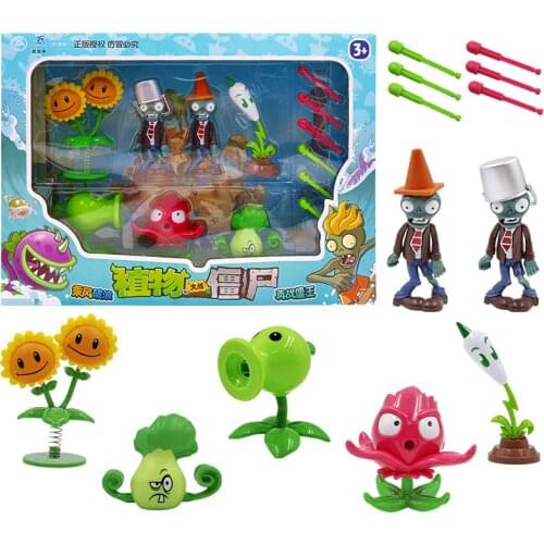 7pcs/lot Plants vs Zombies Action Figure Toys CONEHEAD ZOMBIE Twin Sunflower Peashooter Ejection Game Toy Gift for Kids No Box