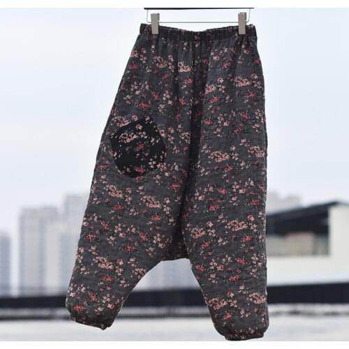Cotton Linen Low Drop Crotch Pants big size Women Printed Harem Trousers Elastic Waist Baggy Ethnic hip hop Flax Wide Leg Pants