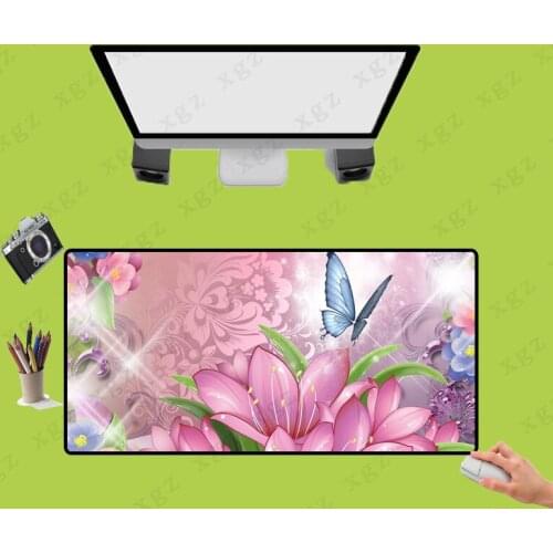 XGZ Best Pink Flower Butterfly Large Locking Edge Gaming Computer Mouse Pad Rubber Keyboard Non-slip Desk Mat for LOL CSGO