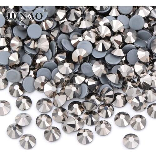 JUNAO SS 6 10 16 20 30 Hematite Color Hotfix Glass Rhinestone Flat Back Iron On Clothes Strass Applique Hot Fix Crystal Stone
