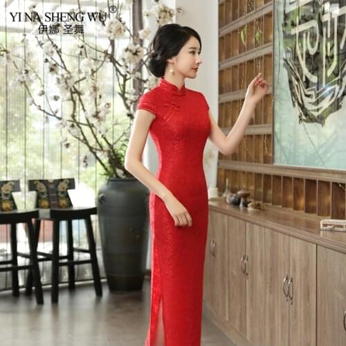 Chinese Traditional Wedding Red Cheongsam Chinese Style Sexy Women Cheongsam Vintage Lace Flower Lady Qipao Long Tight Vestidos