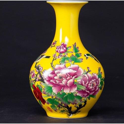 Classic Yellow Glaze Ceramic Lotus Peony Flower Vase Water Dried Flower Arrangement for Home Decoration