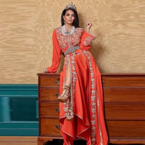 Pretty Orange Moroccan Kaftan Muslim Evening Dress Round Neck Appliques Dubai Kaftan Saudi Arabic Beaded Formal Evening Gown