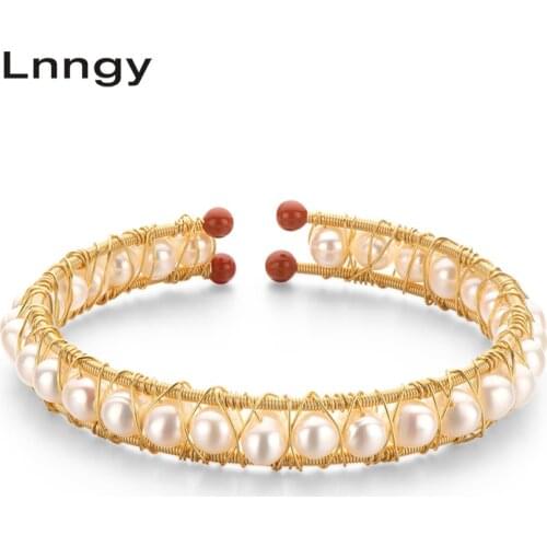 Lnngy 14K Gold Filled Fashion Twisted Bracelet 5.5-6mm Natural Cultured Freshwater Pearl Bracelet Bangle Women Jewelry Gifts
