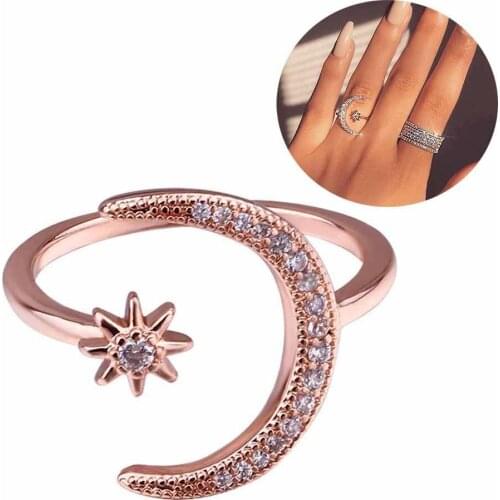 Fashion Star Moon Rhinestone Inlaid Opening Finger Ring Women Adjustable Finger Ring Jewelry Gift