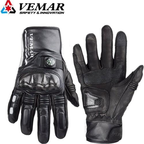 VEMAR Winter Genuine Leather Motorcycle Gloves Men Thermal Windproof Motorbike Gloves Guantes Moto Reflective Glove With Compass