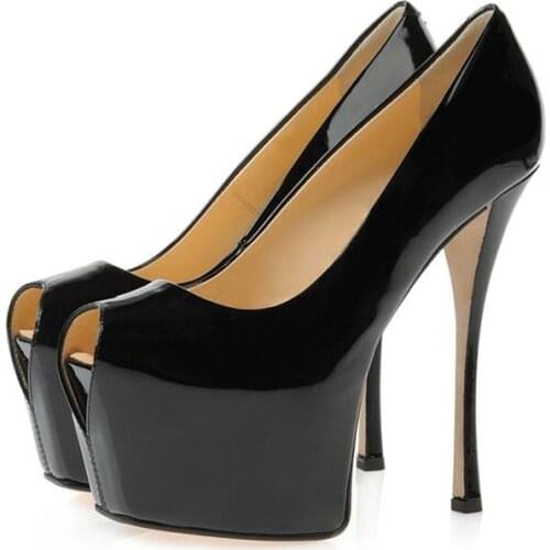 Sexy Black Patent Leather Pumps Women Shoes Peep Toe Hidden Platform Women Pumps Slip-on Stiletto Heels Ladies Dress Shoes