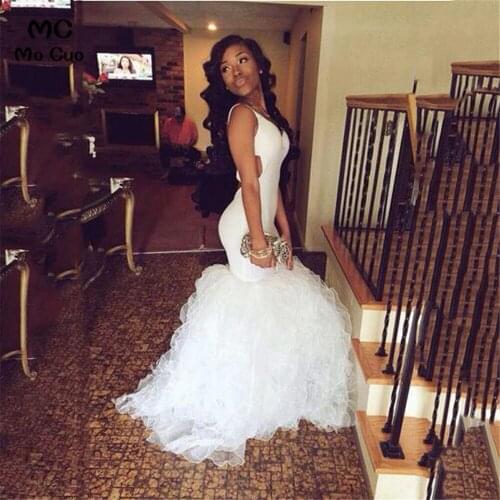 Mermaid African White Prom Dresses 2020 V Neck Straps Backless Ruffles Black Girls Evening Gala Gowns Graduation Formal Dress