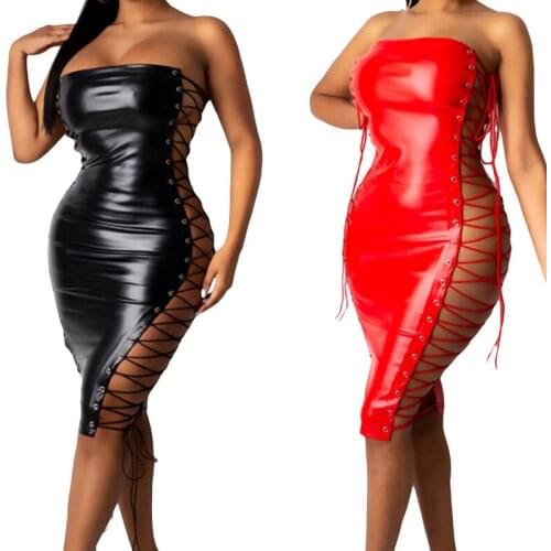 Womens Strapless Midi Dress Summer 2021,Trendy Sleeveless Solid Color Lace Up Bodycon Tube Dress Sexy Club Wear