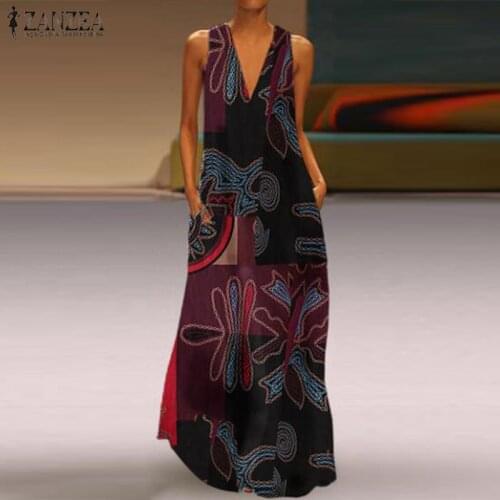 ZANZEA Women Summer Bohemian Floral Print Maxi Long Dress Vintage Casual Cotton Linen Tanks Vestido Sundress Robe Vest Dresses