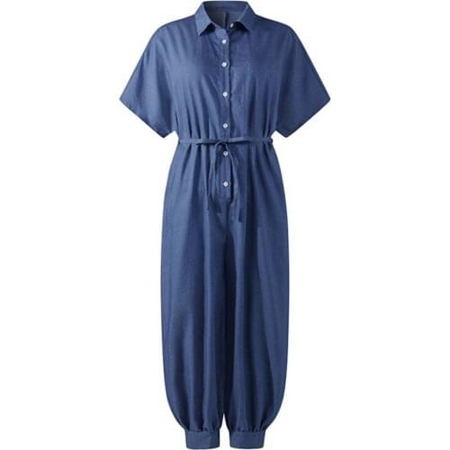 Plus Size Women Denim Jumpsuit Fashion Short Sleeve Solid Color Buttons Pockets Long Baggy Romper Overall Work Outfit