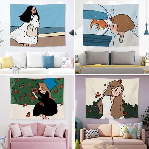 Nordic Lllustration Tapestry Kawaii Hanging Cloth Wall Decoration Cute Little Girl Bedroom Renovation Background Cloth