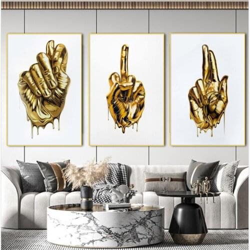 Golden Finger Gesture Statue Art Canvas Painting Abstract Nordic Posters and Prints Wall Art Picture for Living Room Decor