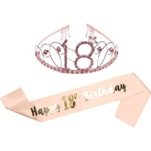 Bling Rhinestone Crystal Crown Tiara Birthday Anniversary Decoration Happy 18 21 30 40 50th Birthday Satin Sash Party Supplies