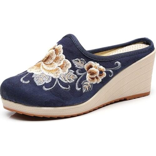 Vintage Old Beijing Embroidery Ladies Canvas Mules Shoes High Heel Wedge Womens Comfort Linen Cotton Platforms Slipper