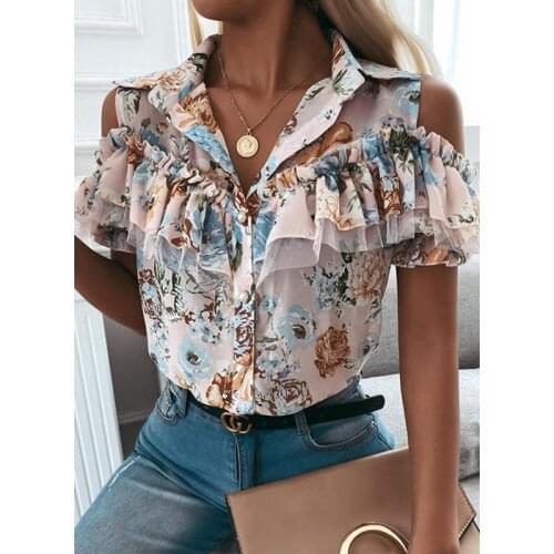 2021 fashion new product digital printing lapel stitching single-breasted strapless short-sleeved shirt top lady