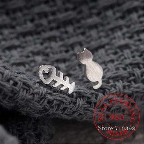 925 Sterling Silver Asymmetric Cat Fish Stud Earrings For Women Wedding Gift Female pendientes mujer moda