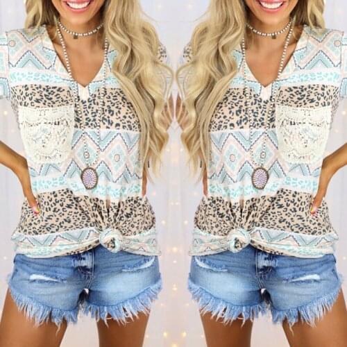 Women Geometric T Shirts V-neck Leopard Printing Short Sleeve Female Lace Pocket Tops Casual Tee T-Shirt Femme frauen blusen