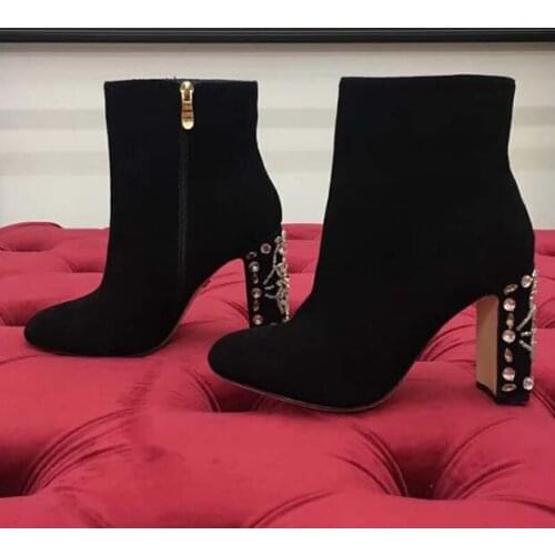 Moraima Snc Woman Black Suede High Heel Boots Crystal Embellished Thick Heels Ankle Boots Rhinestones Flower Short Boots