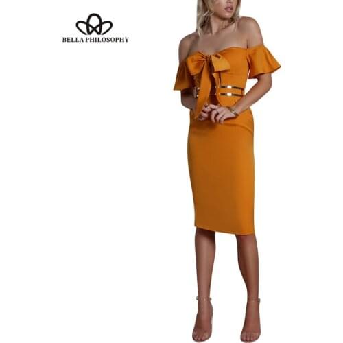 Bella Philosophy 2019 summer sexy club women dress bow slash neck female vestidos knee-length OL office ladies dress
