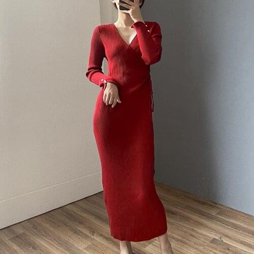 Autumn and Winter New Wool Womens V-Neck Dress Long To The Calf Straight Slim Pullover Warm Knit Bottoming Cashmere Dress