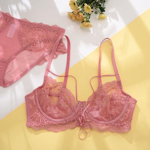 2021 Drawstring underwear sexy bra women transparent thin lace lingerie feminina anti-sagging bra plus size transparent bra set