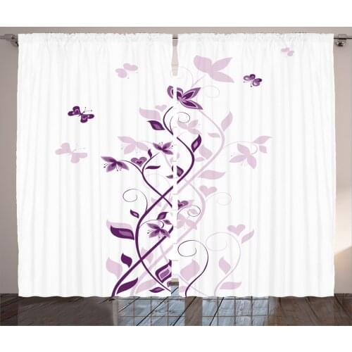 Butterflies Curtains Simple Delicate Romantic Branch Satin Fabric Drapes for Living Room Bedroom 2 Panel Window Set