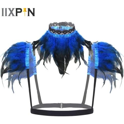 Women Gothic Victorian Natural Feather Shrug Shawl Shoulder Wrap Cape with Collar Halloween Costume Party Harness Feathers Wing