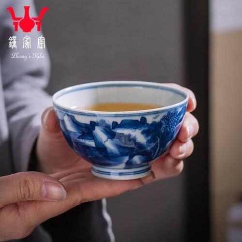 Fu tea house kiln jingdezhen blue and white maintain master cup single cup ceramics burn landscape high-grade tea cups