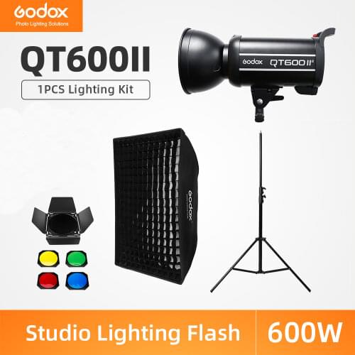 Godox QT600II 600Ws Professional Studio Flash Strobe + 2.8m Light Stand + 70x100cm Grid Softbox + Trigger + Barn Door Kit