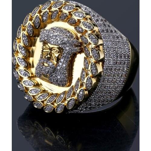 Hip Hop Jesus Head Personality Ring 18K Gold Plated Fully Zirconia Simulated Diamond for Men Women Fashion Jewelry