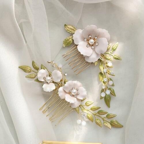 Pretty Green Leaf Bridal Hair Comb Enamel Flower Wedding Hair Accessories Opal Crystal Headwear