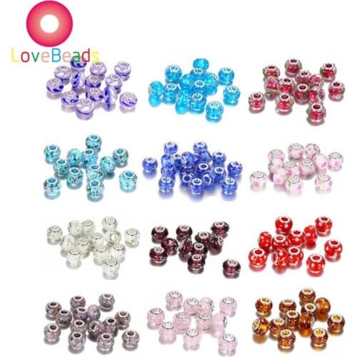 10Pcs Round Glass European Color Lampwork Glass Beads Large Holes Spacer Beads Fit for Pandora Bracelet Necklace Jewelry Making