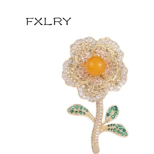 FXLRY Fashion Luxury Color Cubic Zircon Pearl Flower Brooches For Women Suit Coat Party Jewelry