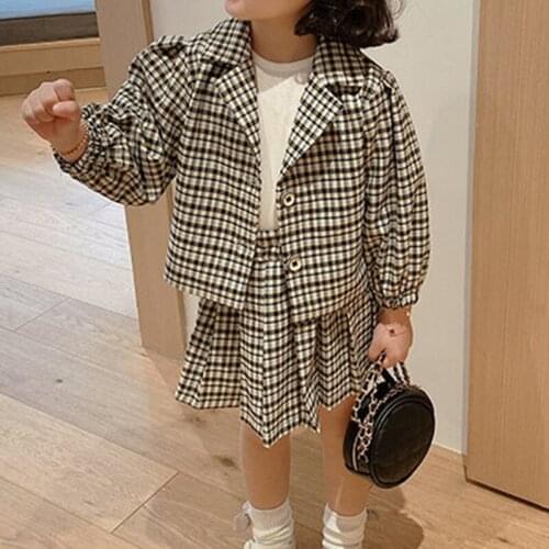 2021 New Autumn Plaid Suit Puff Sleeve Coat+Pleated Skirt 2Pcs School Style Girl Kid Clothes Set Children Clothing Sets