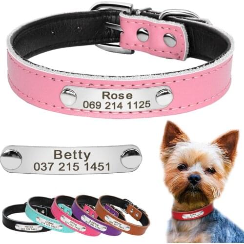 Personalized Leather Dog Collars Custom Engraved Nameplate ID Tag Collar For Small Medium Dogs Cats Chihuahua Yorkshire 7 Colors