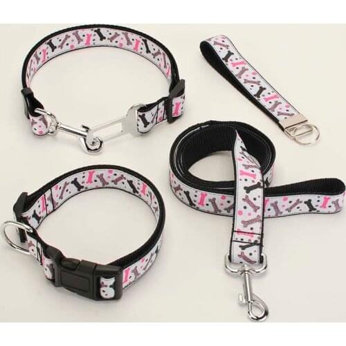 Dog Collar, New single sell Dog Leash,Safety Belt,Key Fob ,1 inch nylon belt bone pattern printed ribbon