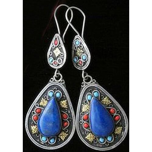 Vintage Boho Ethnic Multicolor Dangle Earrings For Women Antique Silver Color Water Drop Earring Wedding Jewelry Gifts
