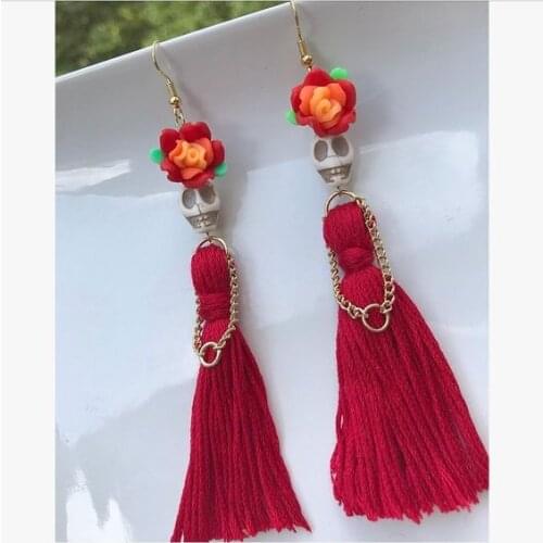 Skulls with Red Tassels Dangle Earrings,gothic Skull , Skull Drop Earrings,Women New Fashion,day of The Dead Jewelry