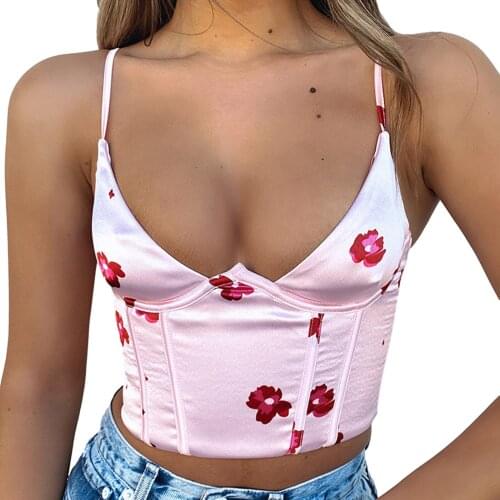 Women Sexy Floral Print Skinny Camisole Tops 2021 Fashion Sleeveless V Neck Slim Fit Tank Top Holiday Summer Casual Crop Top